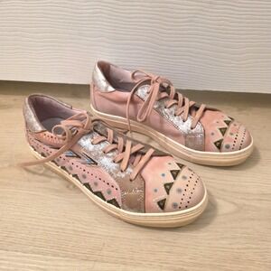 Karma Of Charme Naif Pink Multicolor Leather Geometric Hand Painted Sneakers 7.5